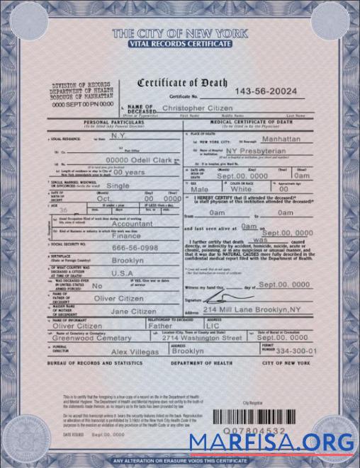 Realistic USA New York state death certificate template in PSD format